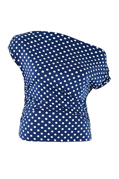 Trendyol Curve Bluză tricotată cu detaliu la umeri, albastru marin, cu model ...