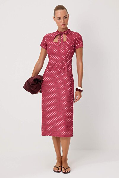 Trendyol Collection Rochie midi țesută cu buline, roșu claret TWOSS26EL01040