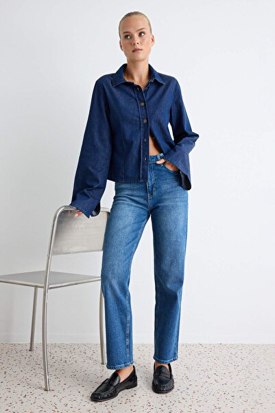 Trendyol Collection Dark Blue Medium Stretch High Waist Mom Jeans Twoaw27Je00073