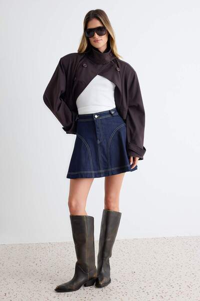 Trendyol Collection Dark Blue Flounce Detailed Mini Denim Skirt Twoaw27Et00023