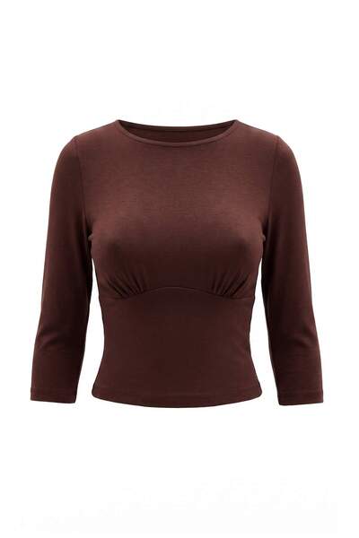 Trendyol Collection Brown Fitted/Bodycon Gathered Three-Quarter Sleeve Croppe...