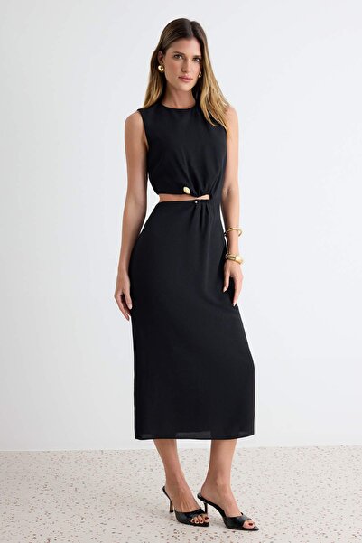 Trendyol Collection Black Accessory and Low-Cut Waist Detail Lined Midi Woven...