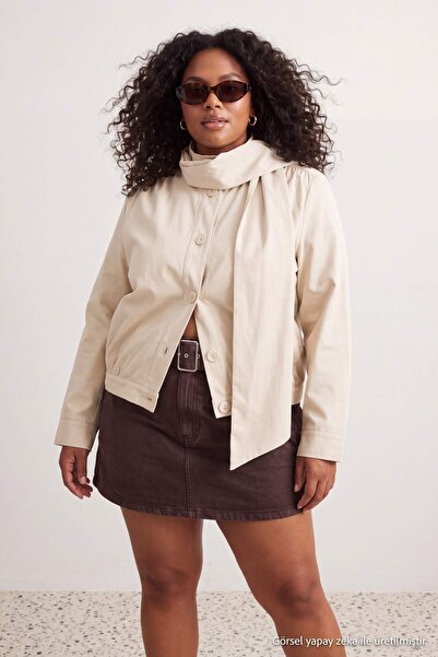 Trendyol Collection Beige Oversize Shawl Collar Mono Closure Plus Size Short ...