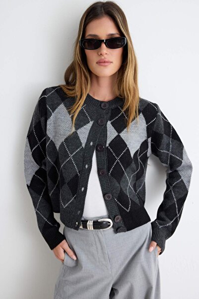 Trendyol Collection Anthracite Crew Neck Diamond/Plaid Patterned Knitwear Car...