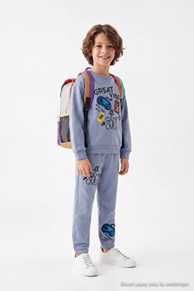 TRENDYOLKIDS Gray Printed Knitted Top and Bottom Set Tkdaw26Au00056