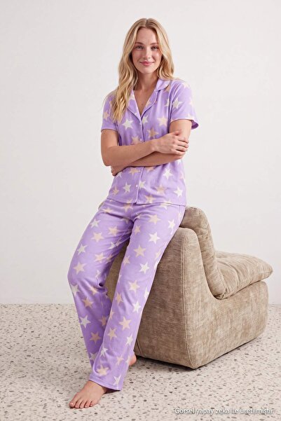 Trendyol Collection Lila 100% Cotton Starry Knitted Pajamas Set Thmaw27Pt00141