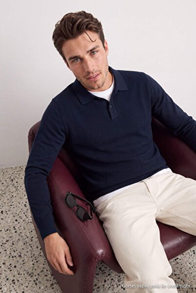 Trendyol Collection Navy Blue Regular Fit Textured Polo Collar Sweatshirt Tmn...