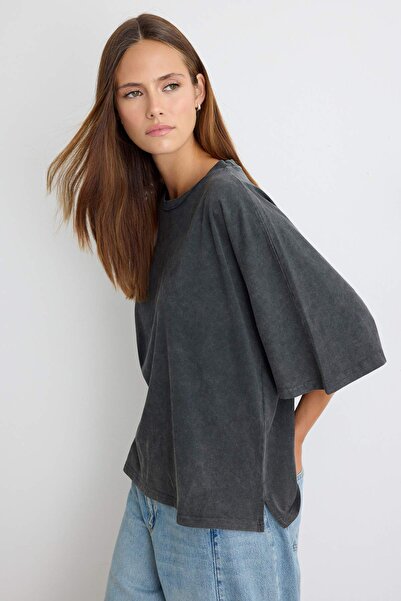 Trendyol Collection Anthracite 100% Cotton Vintage/Faded Effect Oversize Crew...