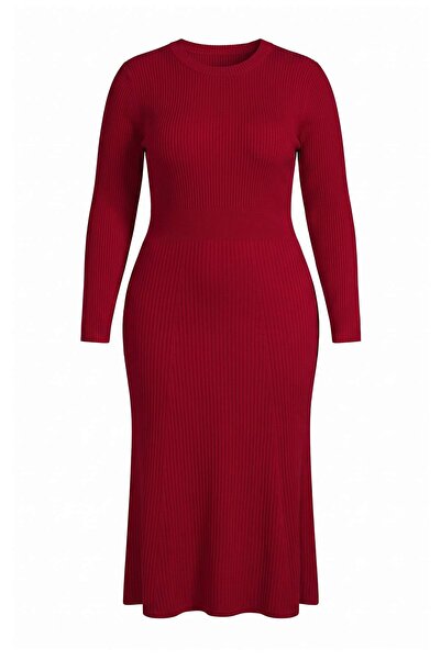 Trendyol Curve Red Corduroy Crew Neck Midi Knitwear Dress Tbbaw24Ah00021