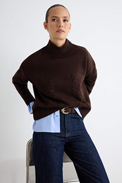 Trendyol Collection Brown Floral Embroidered Soft Textured Knitwear Sweater T...