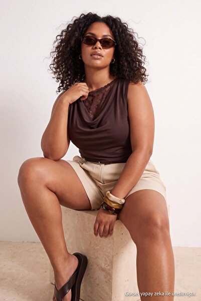 Trendyol Curve Brown Collar Lace Pack Collar Stylish Knitted Plus Size Blouse...