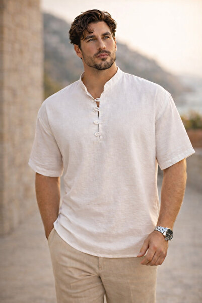 Valiberta Cămașă Wes Oversize Half Placket Bamboo cu mânecă scurtă - albă