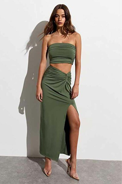 Seeh Haki Beli Büzgülü Yırtmaçlı Maxi Etek SH160