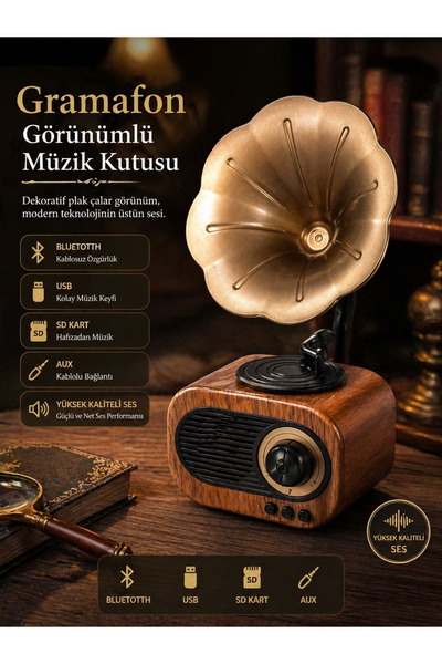 gunkes B5 Nostaljik Plak Görünümlü Gramafon Usb Aux Bluetooth Yüksek Ses Kali...