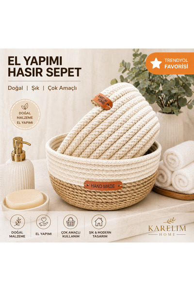 karelim home 2 Li Çok Amaçlı Dekoratif Organizer Hasır Sepet 15x8 15x8