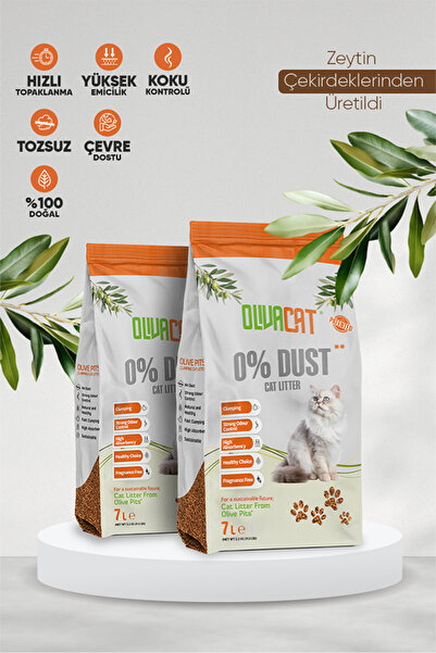 Olivacat Zeytin Çekirdeğinden Üretilen Doğal Tozsuz Kedi Kumu 7L x 2 Adet
