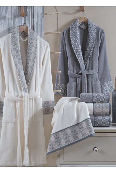 Dantela Σετ μπουρνούζια από βαμβάκι Jacquard Beste 6 τεμαχίων - Κρεμ/Μπλε