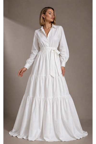 MERT ERKAN Layered & Ruffled Off-White Poplin Shirt Maxi Dress
