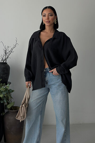 Lijuri Siyah Oversize Keten Gömlek 3510