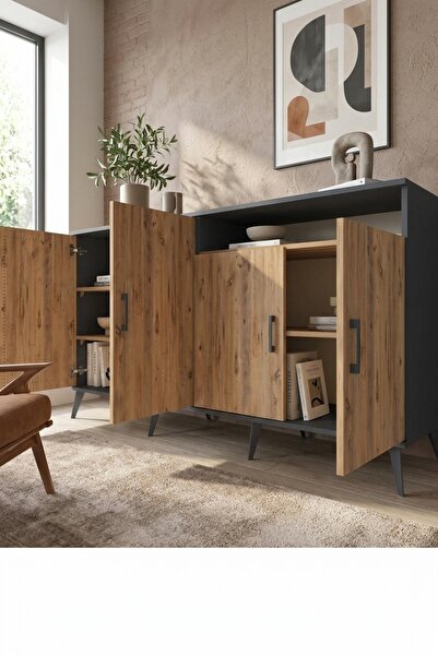 Dienni Hyperion Konsol 6 Raflı 4 Kapaklı 176x44x99 Antrasit-Çam