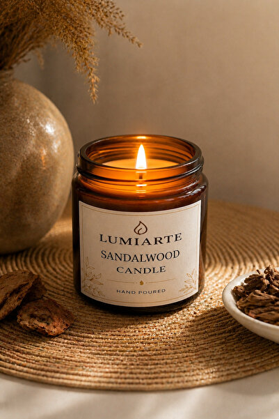 Lumiarte Sandal Ağacı Kokulu Mum 100 ml – Amber Cam Kavanoz, Lüks Dekoratif Mum