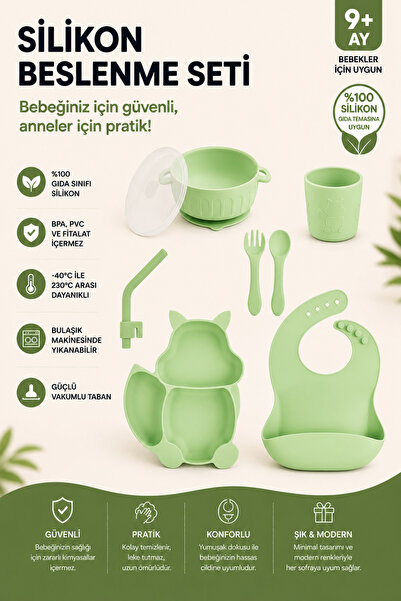 jojobebek Silikon Beslenme Seti Vakumlu Silikon Mama Tabağı ve Kasesi, Önlük,...