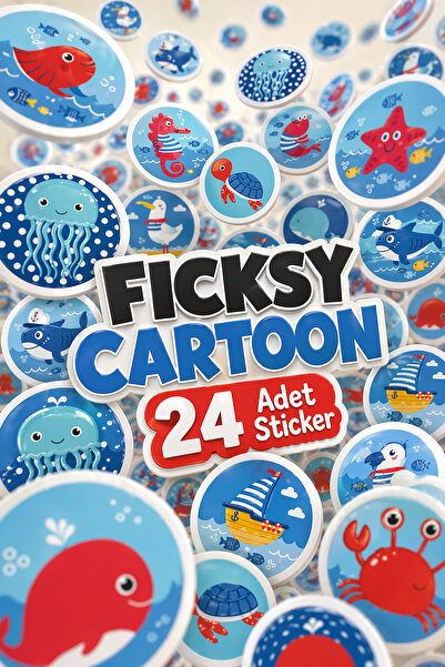 Ficksy Cute Sea Creatures Sticker Set - 24 Pieces Round Fish, Crab, Octopus S...