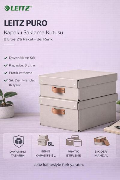 Leitz Puro Kapaklı Saklama Kutusu 8 Litre 2'li Paket Bej Renk - KOD:61480012