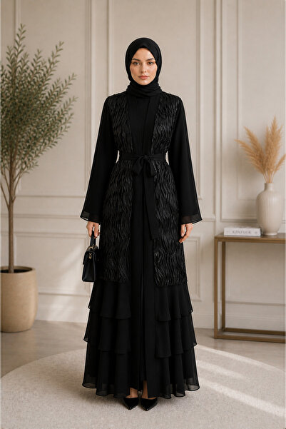 bellura Önü Tül Detaylı Kemerli Eteği Katlı Abaya Takım