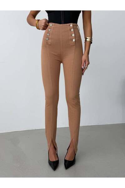 HerTon Kadın Yüksek Bel Düğme Detaylı Skinny Jean - Paçası Yırtmaçlı Dar Pant...