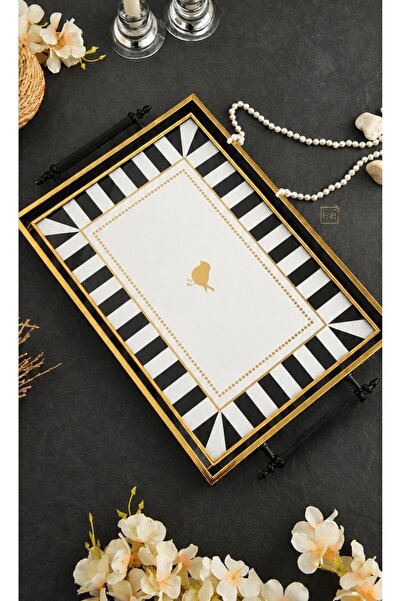 ozbience Love Bird Desenli Gold-Siyah Çerçeveli Lüks Sunum Tepsisi 46x28 cm