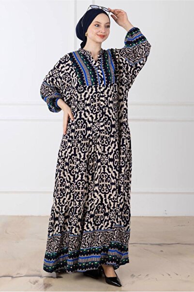 TRENDTESETTÜR KADIN LACİVERT (SAKS) DESENLİ ELBİSE T 2186