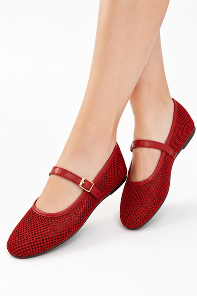 STOCON Red Knitwear Mesh Gold Buckle Belt Strap Ballerinas Summer Ballerinas Stc1285