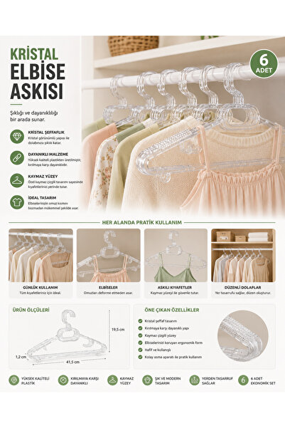 AVCILAR PLASTİK Kristal Elbise,Pantolan,Etek ,Ceket Kıyafet Askısı 6 Lı