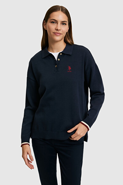 U.S. Polo Assn. سترة نسائية ذات ياقة بولو باللون الأزرق الداكن 50314707-VR033