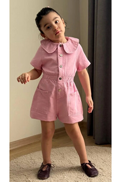 Kidmark Çocuk Modası Kız Çocuk Bebe Yaka Taşlı Pembe Şort Tulum