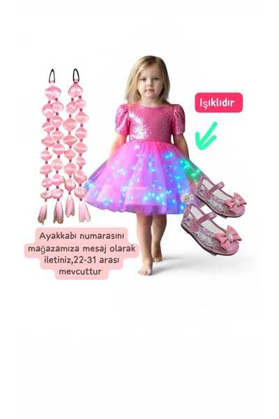 3b kids payetli pembe ışıklı elbise kostüm + pembe bubble saç + pembe babet a...