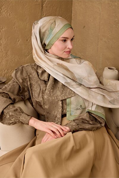 Silk Home Polyester Velina Shawl Pastel Green Khaki Brown Orange Blue Pattern...