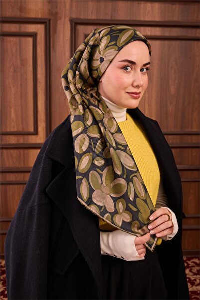Silk Home وشاح حريري منسوج بنمط أزرق داكن وأخضر ونمط زهرة الأقحوان، مقاس 90×90