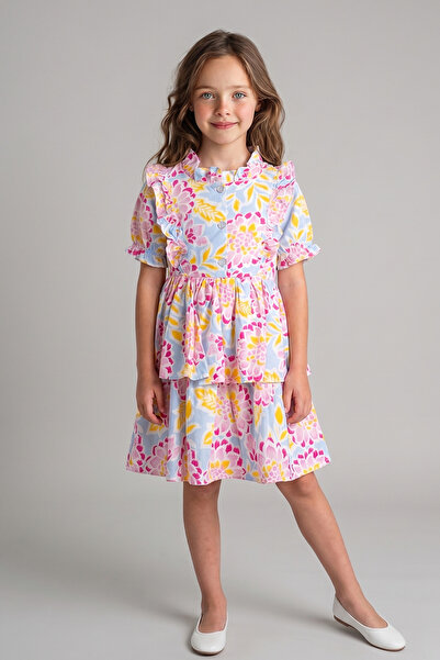 Kidyra Girl's Pink Blue Floral Patterned Dress with Ruffle Detail