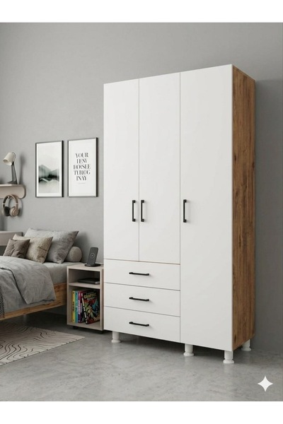 artı dizayn mobilya 105x45 3 ÇEKMECELİ 3 KAPAKLI RAFLI GARDIROP BEYAZ- ANTRAS...