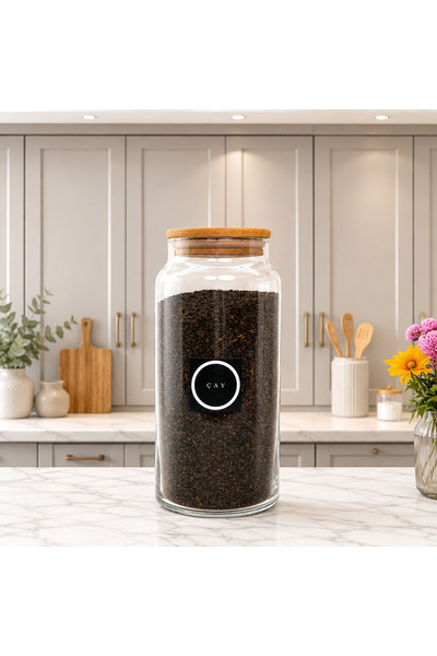 mafa home Ahşap Vakum Kapaklı Cam Saklama Kavanozu 1400 ml Çay Etiketi Hediyeli