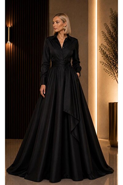 SERAVENZA COUTURE فستان قميص ماكسي بوي بأكمام طويلة وحزام من التفتا COU-19