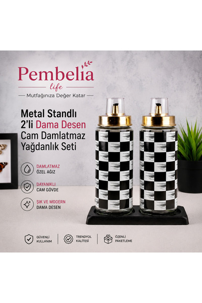 Pembelia Life Siyah Metal Standlı 2’li Dama Desen Damlatmaz Gold Kapaklı Yağd...