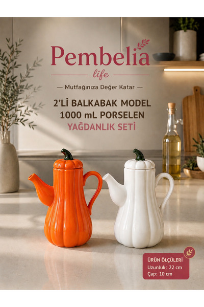 Kitchen Pembelia 2’li Porselen Bal Kabak Model Yağdanlık Seti Ayçiçek Yağı Ze...