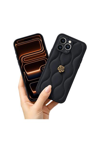 Pro Aksesuar Apple iPhone 15 Pro Max Uyumlu Kılıf Çiçekli Dalgalı Deri Kılıf Siyah