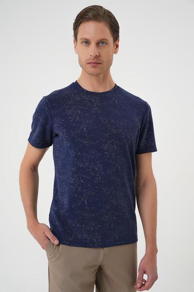 Efor Comfort Fit Bisiklet Yaka Batik Görünümlü Esnek Pamuk Lacivert Tişört TS...