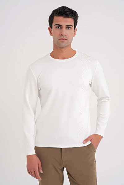 Efor Comfort Fit Embroidered Front Cotton Crew Neck Long Sleeve Ecru T-Shirt ...