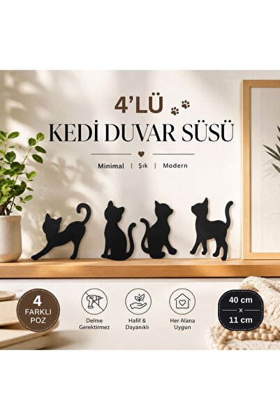 HippoDeco Dekoratif 4'lü Kedi Duvar Süsü Duvar Dekorasyon Şirin Dekoratif Ürü...