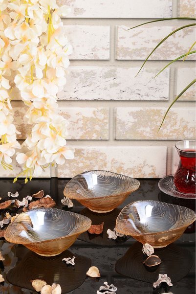 ANGDESİGN Elisya Glass Snack Bowl - Set of 3 Small Amber - Turkish Delight Bowl Breakfast Serving Bowl Glass Treat Bowl Candy Bowl Decorative Glass Bowl Serving Bowl Snack Bowl Fruit Bowl Dessert Serving Bowl Kitchen Glassware Dowry Box